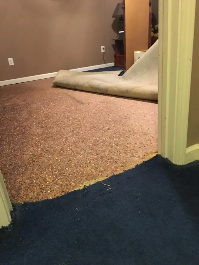 Carpet pad removal revealing water damage during Water Mitigation Services in Decatur